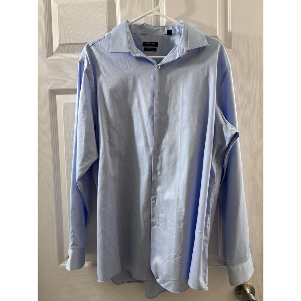 Kenneth Cole Dress Shirt Mens 17.5 34/35 Blue Non Iron Stretch Button Up